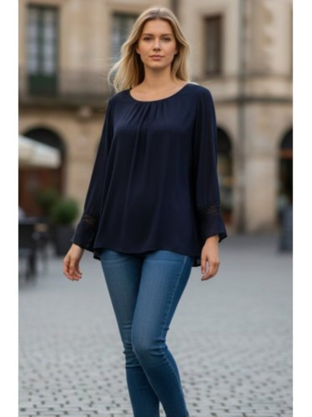 BY & BY Navy Blue Lined Semi Sheer Overlay Blouse Ladies Large